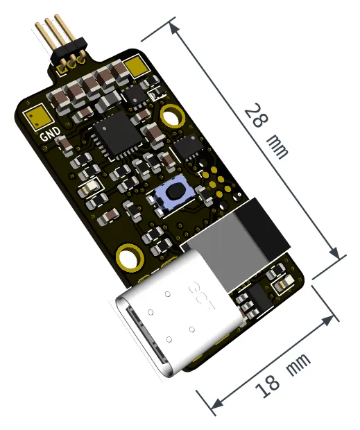 Treiberplatine des kompakten Aktuators mit USB-C-Anschluss, bemasst mit 28 × 18 mm