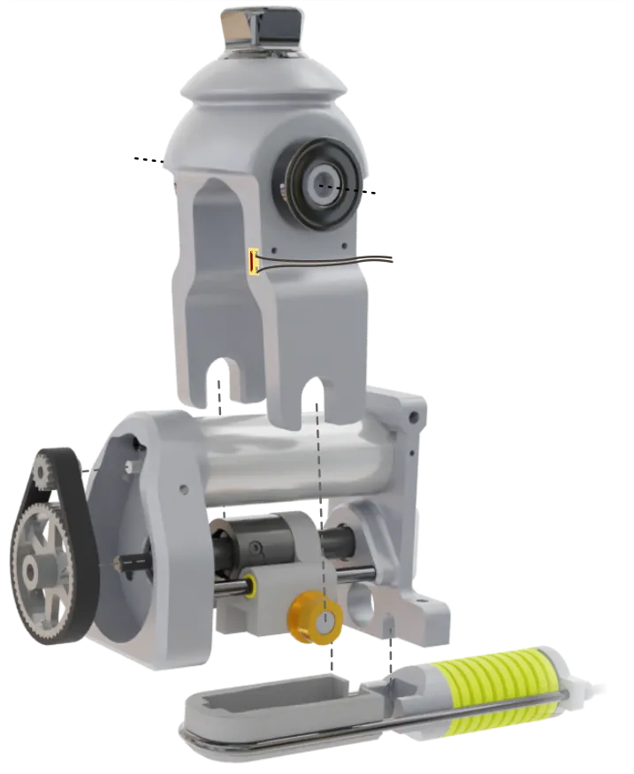 Exploded view of the ELSA prosthesis, showing the belt drive, screw transmission, parallel spring, electronics and foot structure