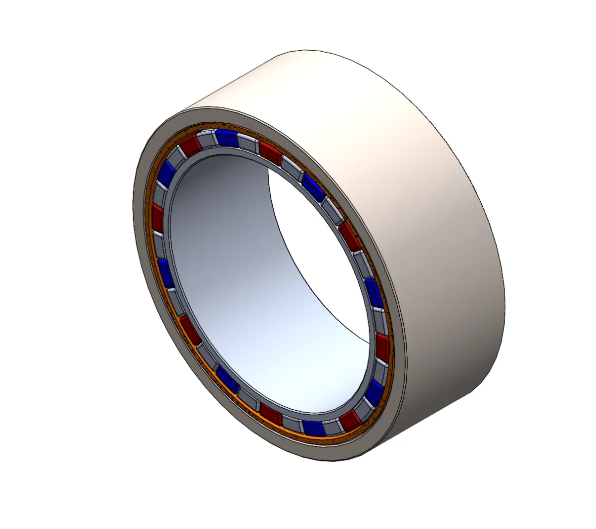 Render of a slotless ring motor showing the winding and magnet arrangement